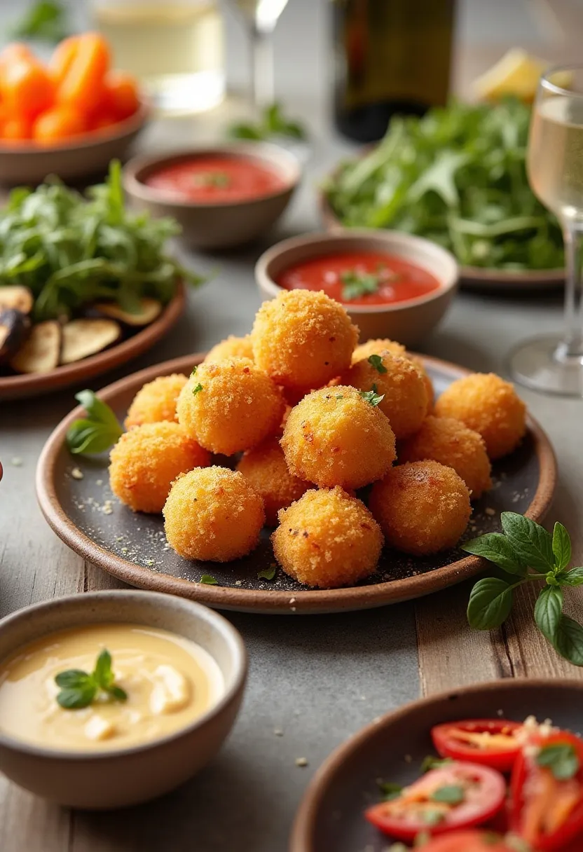 Arancini served with sauces, fresh salad, grilled vegetables, and drinks, styled as a colorful table centerpiece.