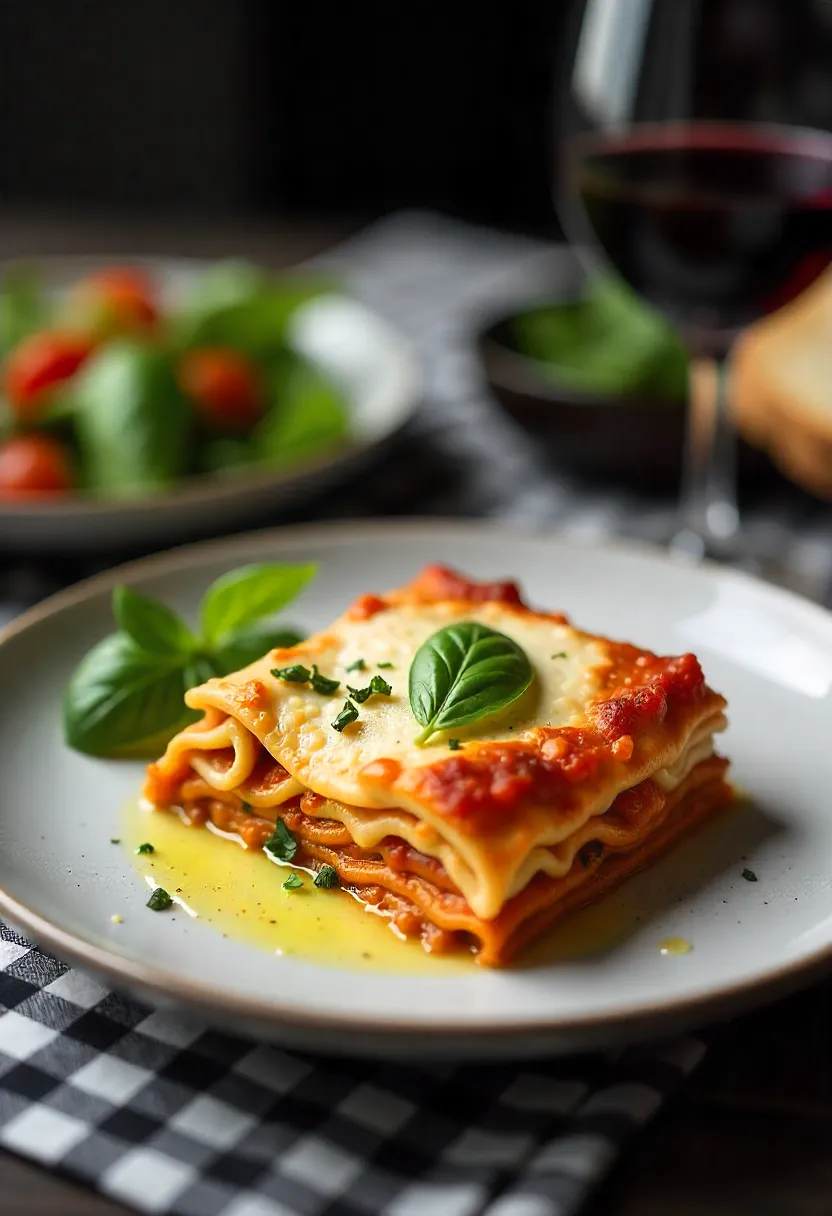 Plated lasagna with fresh herbs, garlic bread, salad, and red wine.