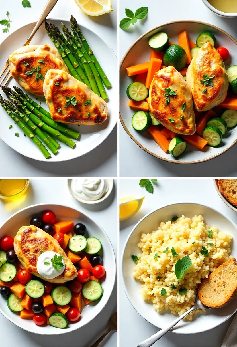 Collage showing honey feta chicken served with roasted vegetables, Greek salad, rice, mashed potatoes, and pita bread in multiple plating options.