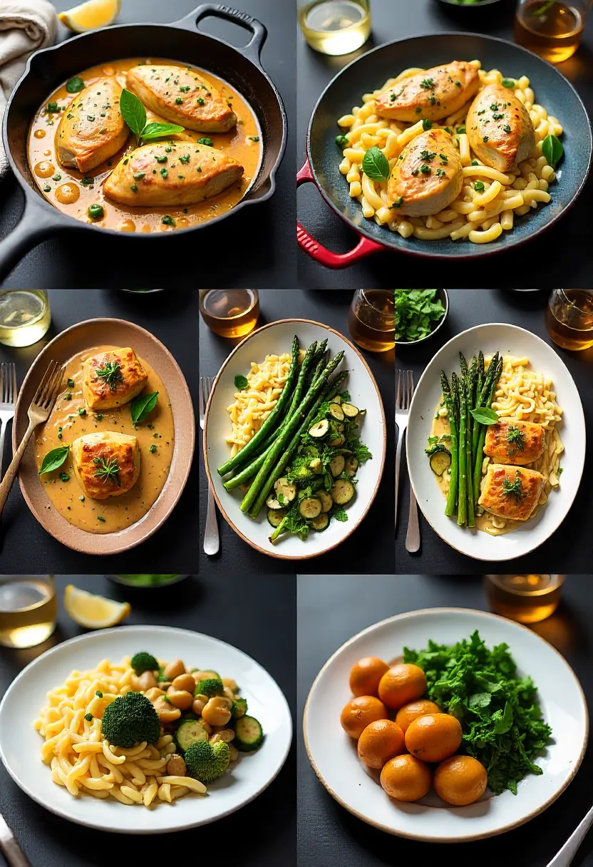 Marry Me Chicken served with pasta, potatoes, vegetables, salad, and drinks on a cozy table.