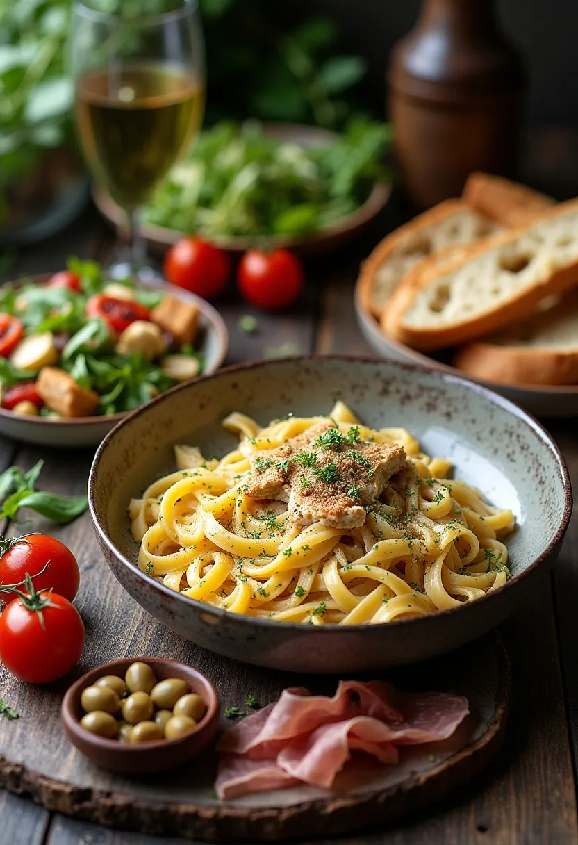 Creamy Tuscan chicken pasta served with salad, roasted vegetables, bread, and an antipasto platter.