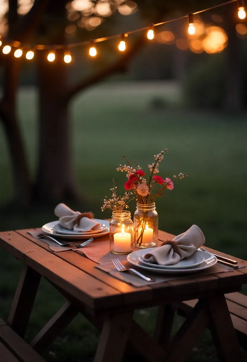 Romantic outdoor dinner for two with candles, fairy lights, and wildflowers at sunset.