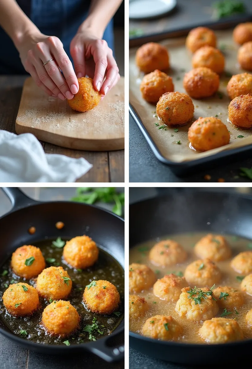 Hands shaping damp rice balls, chilling them, frying in small batches, and adding fresh herbs for authentic arancini.