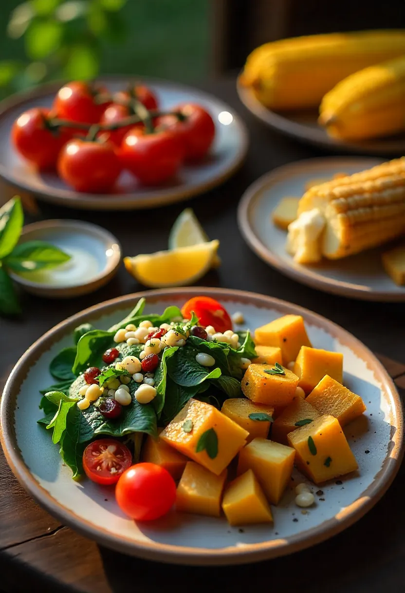 Collage of colorful salads, roasted vegetables, and grilled sides at sunset.