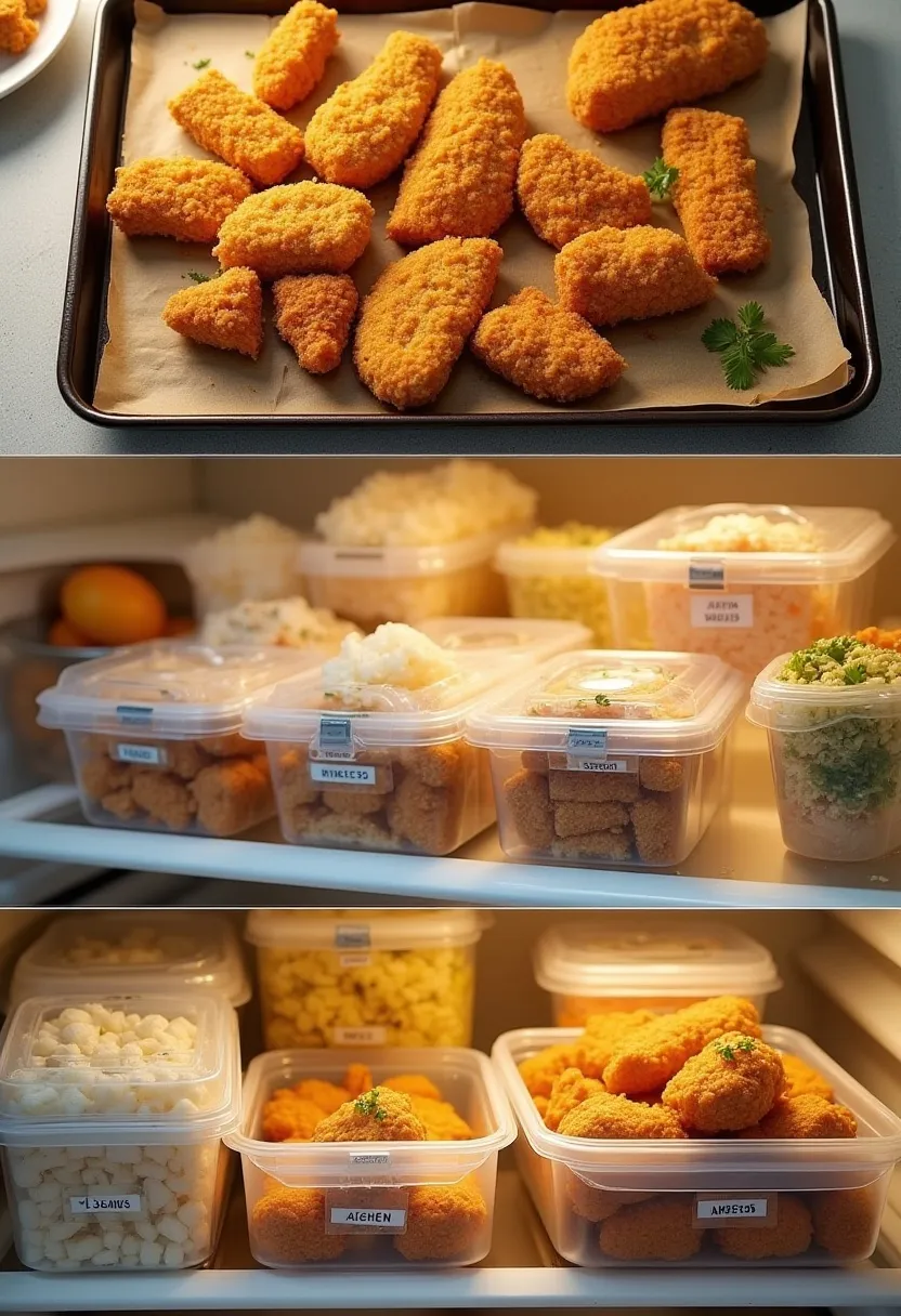 Collage showing cooling, refrigerated, and frozen homemade shawarma and chicken nuggets for meal prep.