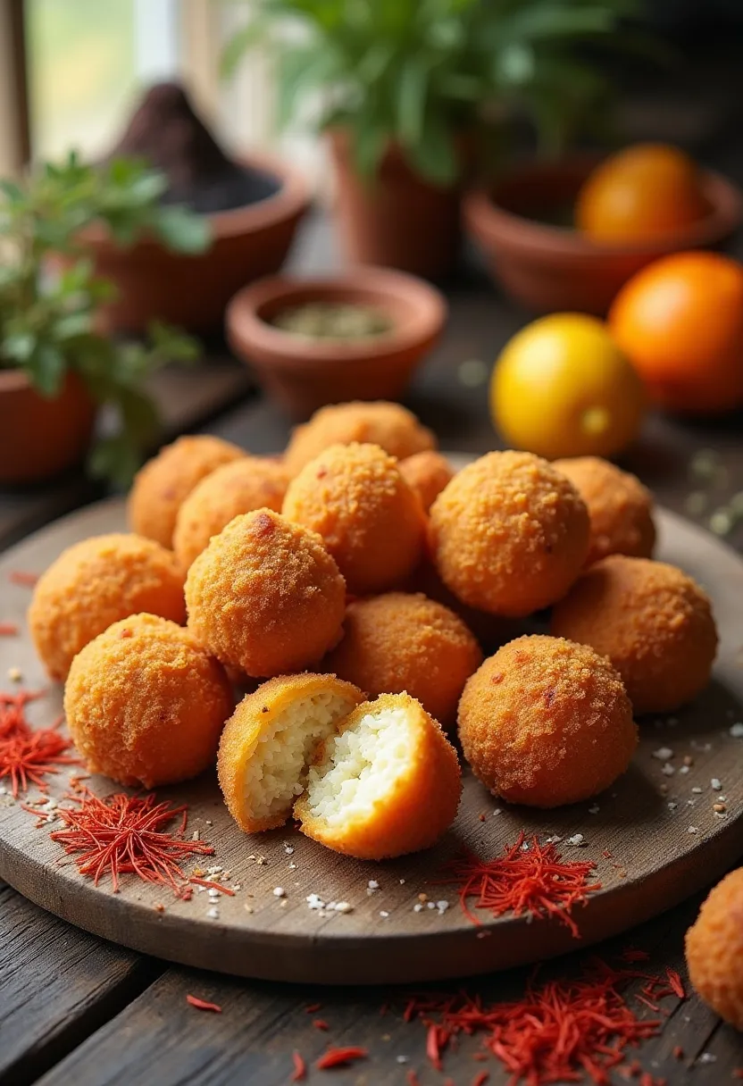Golden Sicilian arancini, round and cone-shaped, some cut open to show ragù and cheese, with oranges and herbs on a rustic table.