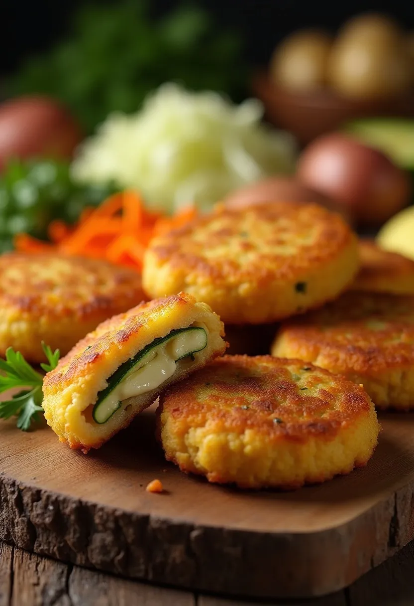 Crispy vegetable cutlets with colorful filling and fresh veggies on a wooden board.