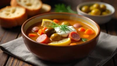A colorful bowl of solyanka soup with meats, vegetables, pickles, olives, lemon, and sour cream, served with rye bread.