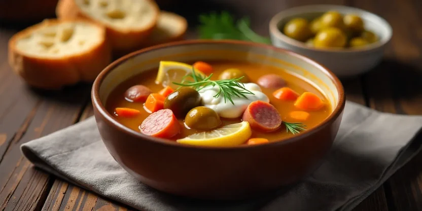 A colorful bowl of solyanka soup with meats, vegetables, pickles, olives, lemon, and sour cream, served with rye bread.