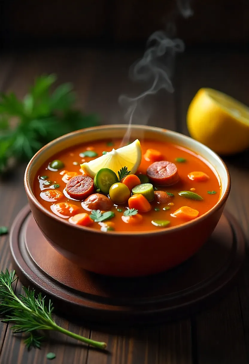 A steaming bowl of solyanka with sausage, pickles, olives, carrots, and a lemon wedge, served on a rustic table.
