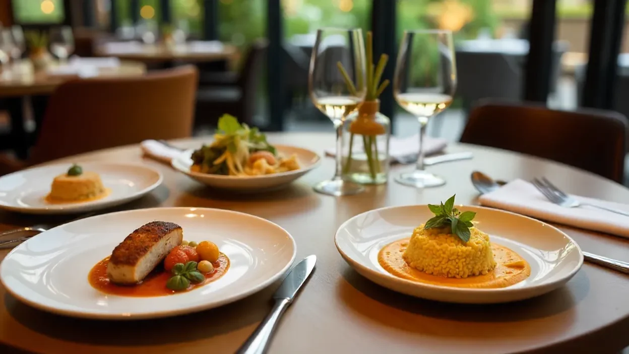 Elegant restaurant table with beautifully plated comfort food, crystal glasses, and soft lighting.