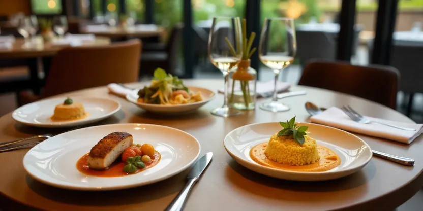 Elegant restaurant table with beautifully plated comfort food, crystal glasses, and soft lighting.