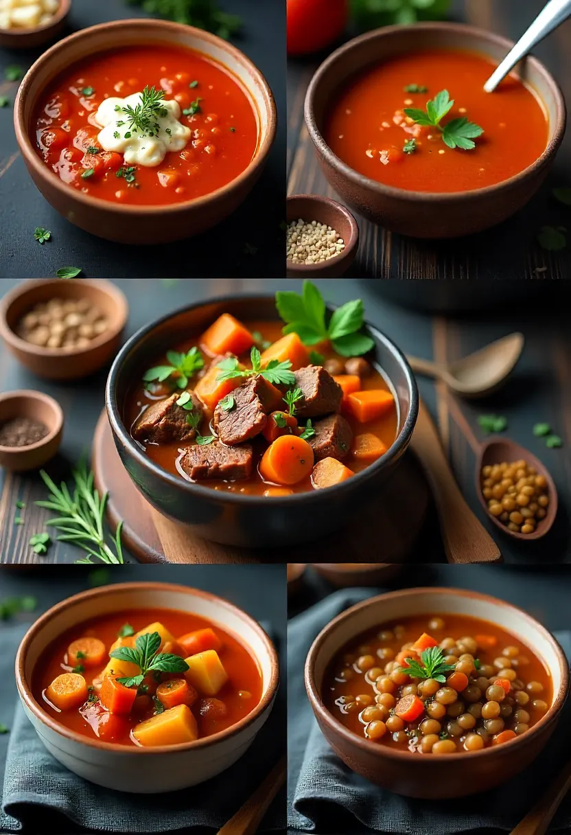 Collage of comforting soups and stews: tomato soup, beef stew with carrots and potatoes, and vegetable-lentil stew, styled warmly.