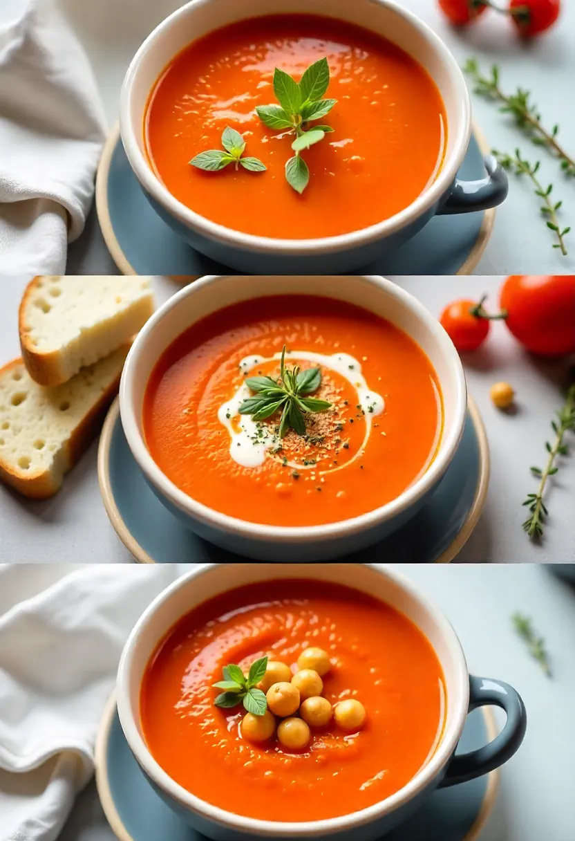 Collage of tomato soups: vegan with herbs, low-calorie with vegetables, and gluten-free with toasted chickpeas and bread.