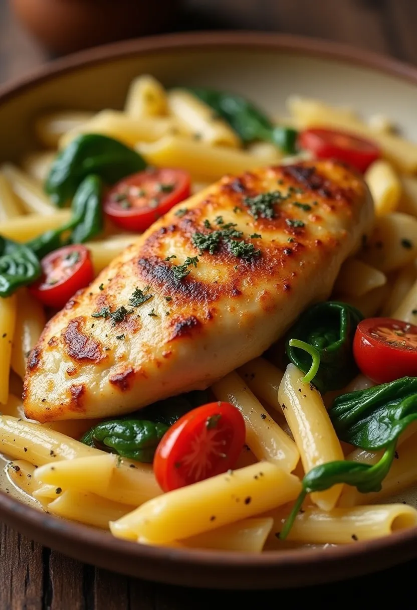 Creamy Tuscan chicken pasta with golden chicken, penne, spinach, and sun-dried tomatoes.