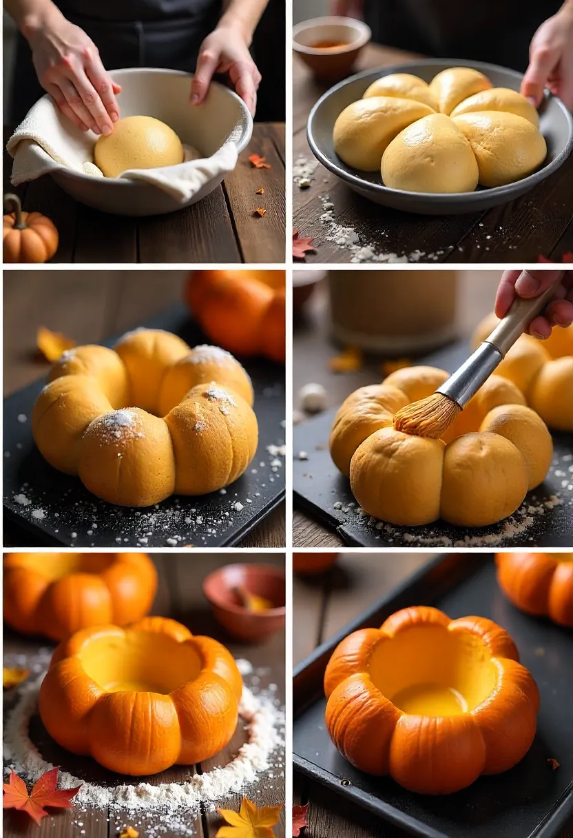 Collage showing hands kneading dough, shaped pumpkin bread rising, egg wash brushing, and hollowed bread bowls ready to fill.