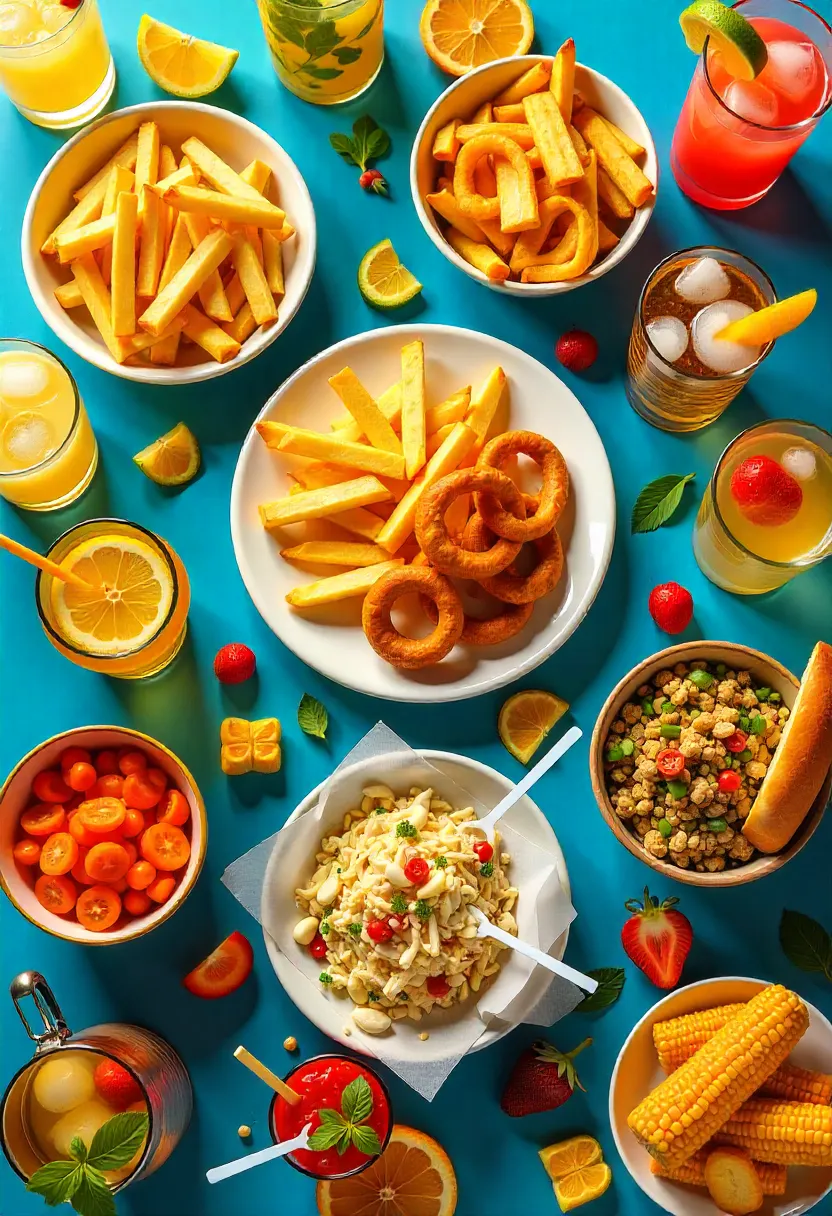 Collage of burger bar sides and drinks including fries, salads, corn, and colorful beverages.