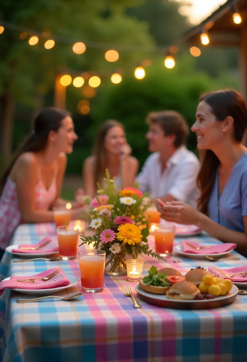 Backyard burger night with colorful table settings, soft lights, and friends enjoying summer fun.