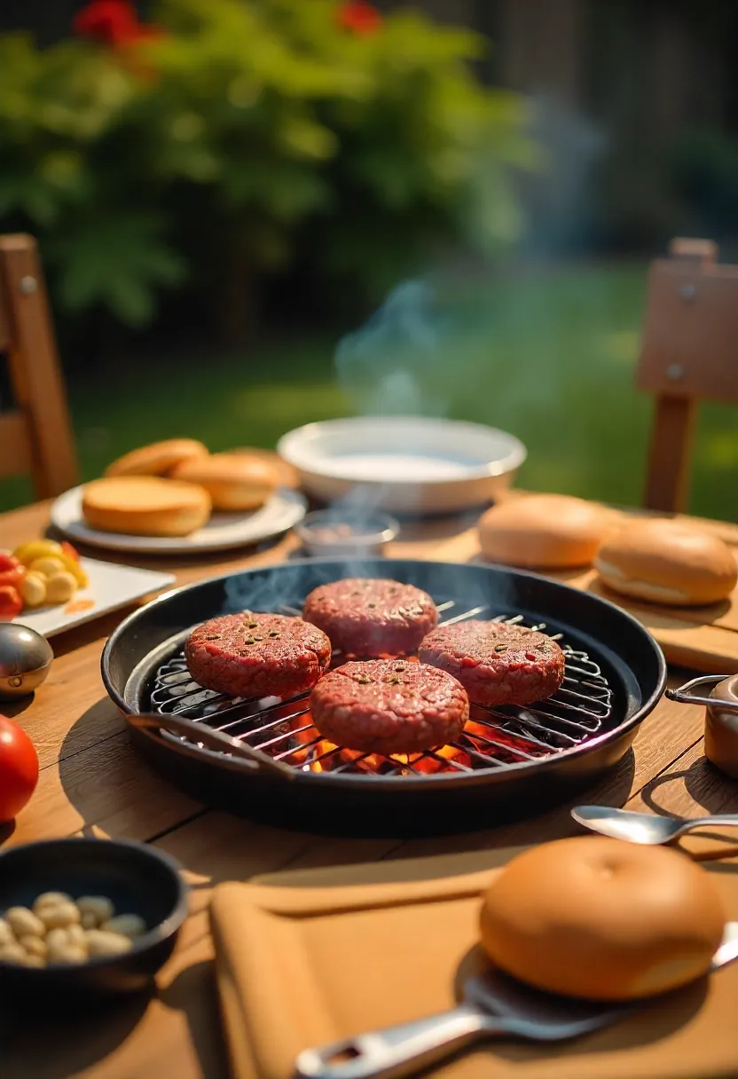 Burger grill with cooking tools, trays of buns, and a cooler in a backyard setup.