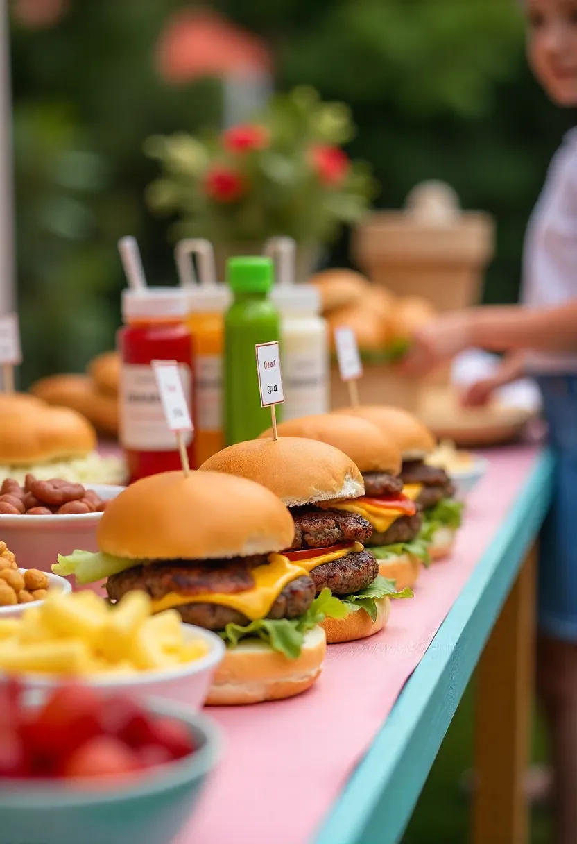 Colorful backyard burger bar with labeled toppings, buns, sauces, and utensils for guests.