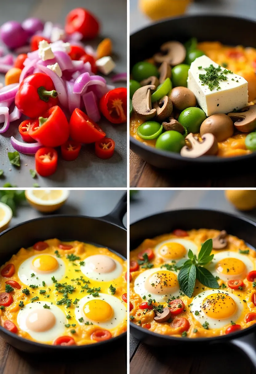 Skillet with vegetables, feta, and eggs ready for baking, surrounded by herbs and olive oil.