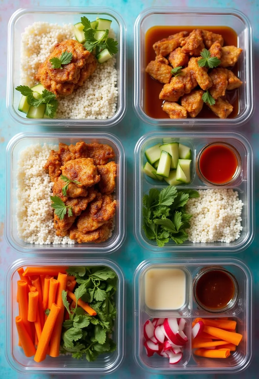 Collage showing meal prep of sushi bowl ingredients: rice, chicken, sauce, and fresh vegetables.