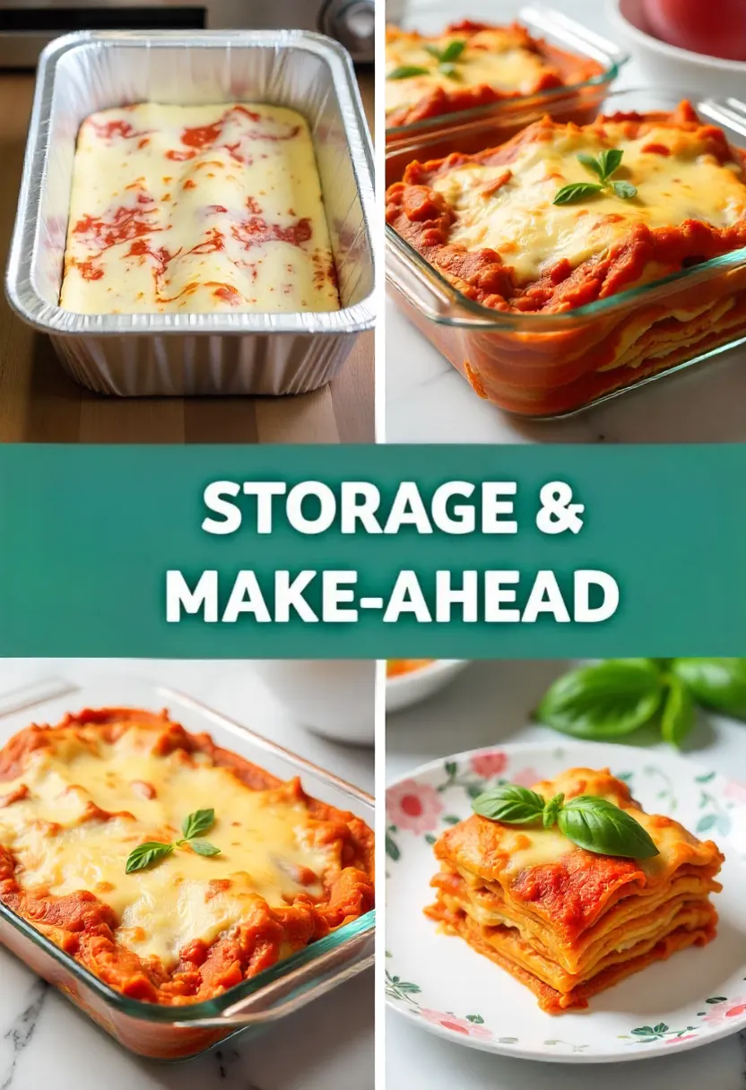 Lasagna prepared for freezing, storing, and reheating in containers and plates.