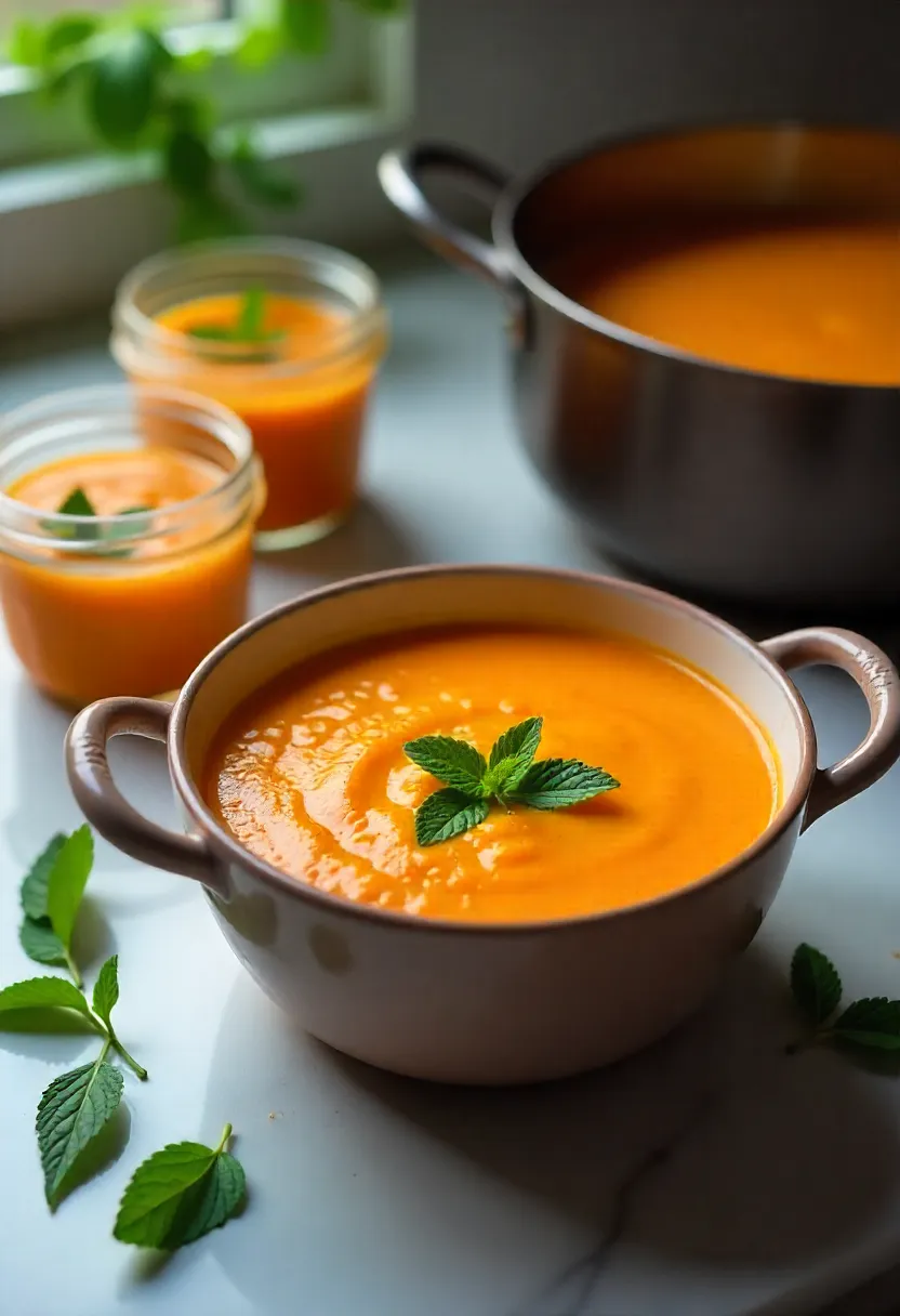 Carrot and mint soup in fridge, freezer, and on stove for reheating.