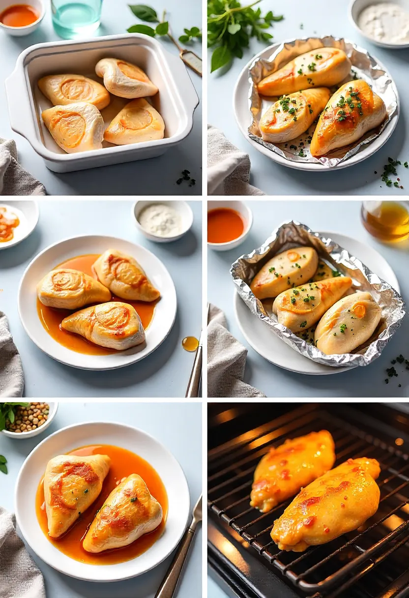 Collage showing honey feta chicken stored in the fridge, frozen in foil, and reheated in the oven with honey glaze.