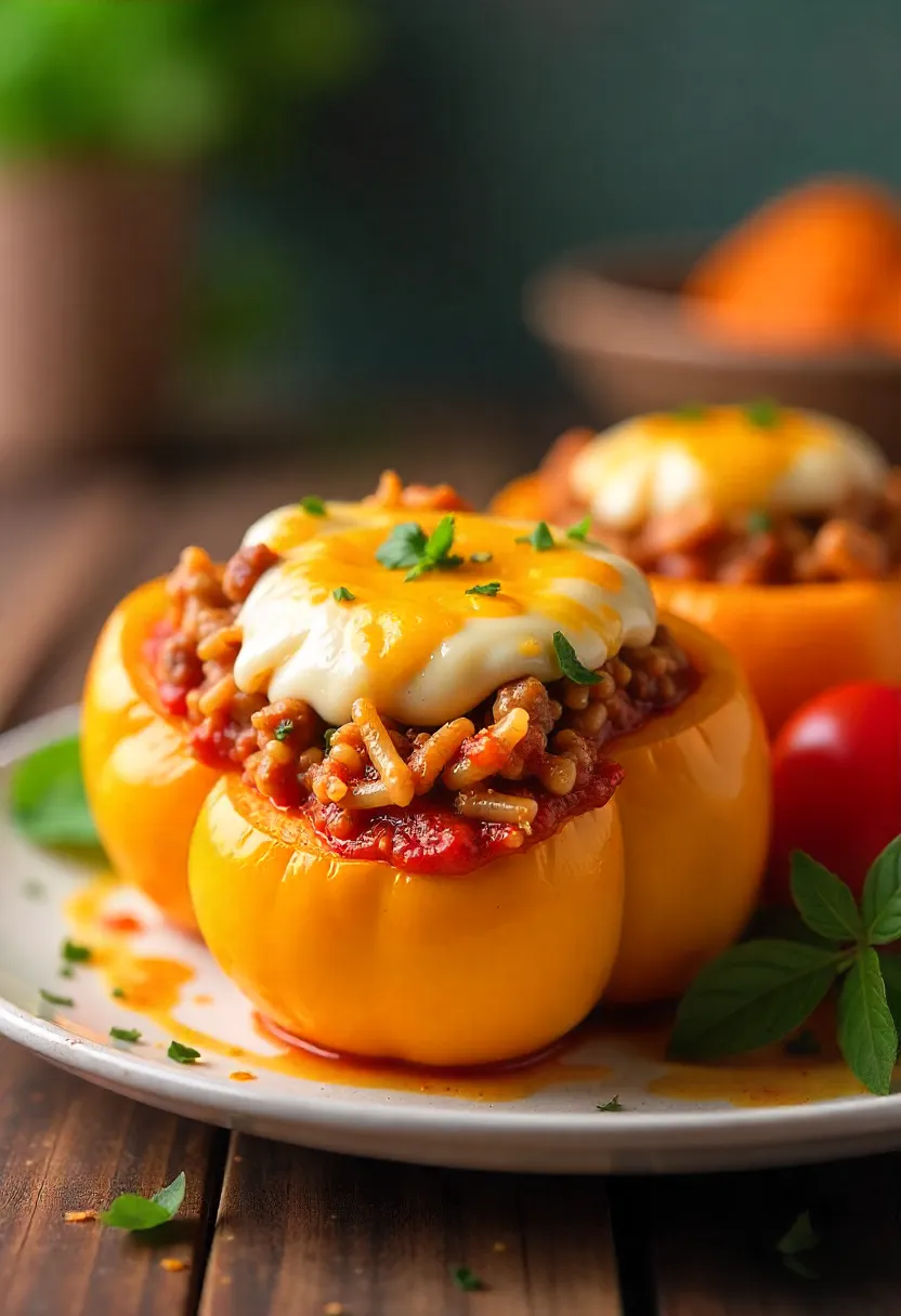 Air-fried stuffed bell peppers with rice, meat, tomato sauce, and melted cheese on a plate.