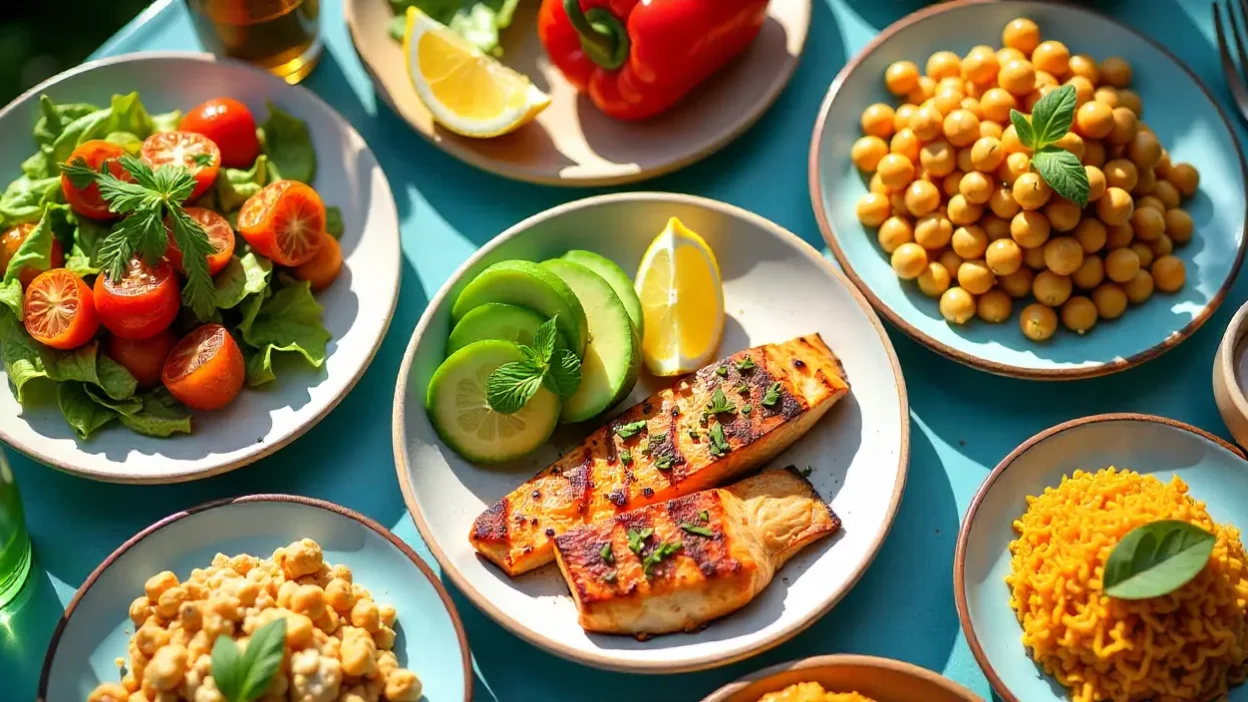 Summer table with colorful high-protein dishes: chicken, salmon, avocado salad, stuffed peppers, tofu.