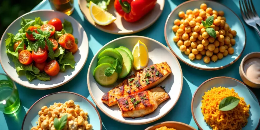 Summer table with colorful high-protein dishes: chicken, salmon, avocado salad, stuffed peppers, tofu.