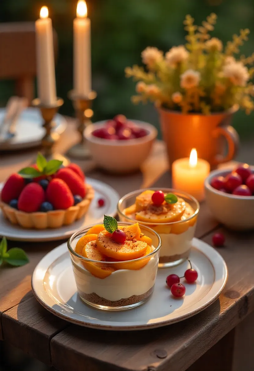 Collage of chilled tarts, peaches, yogurt parfaits, and fruit bowls at sunset.