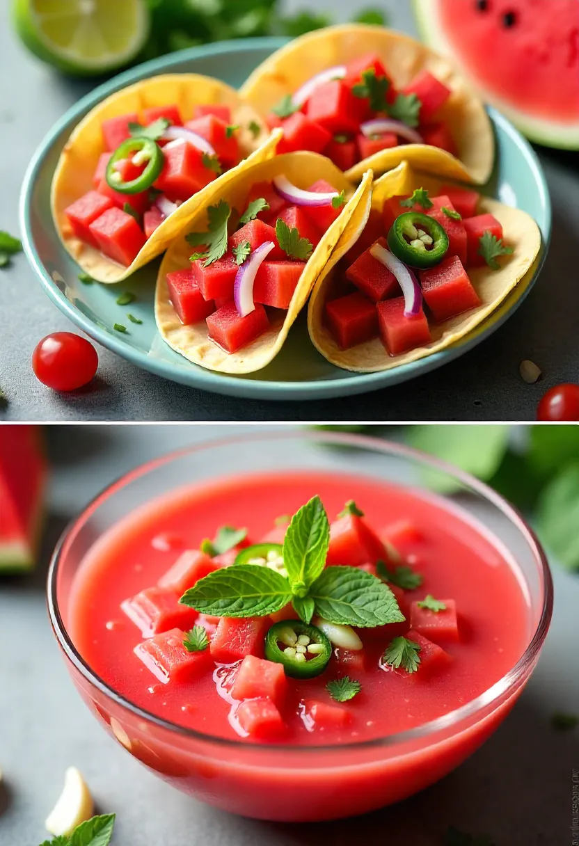 Collage of watermelon tacos with salsa and chilled watermelon gazpacho garnished with herbs.