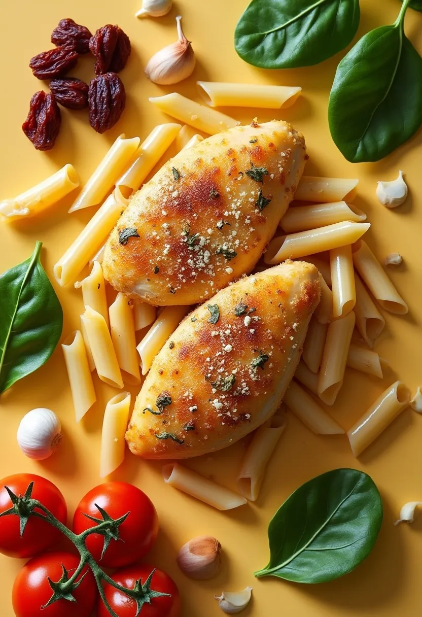 Collage of Tuscan chicken pasta ingredients: chicken, penne, spinach, sun-dried tomatoes, garlic, and Parmesan.