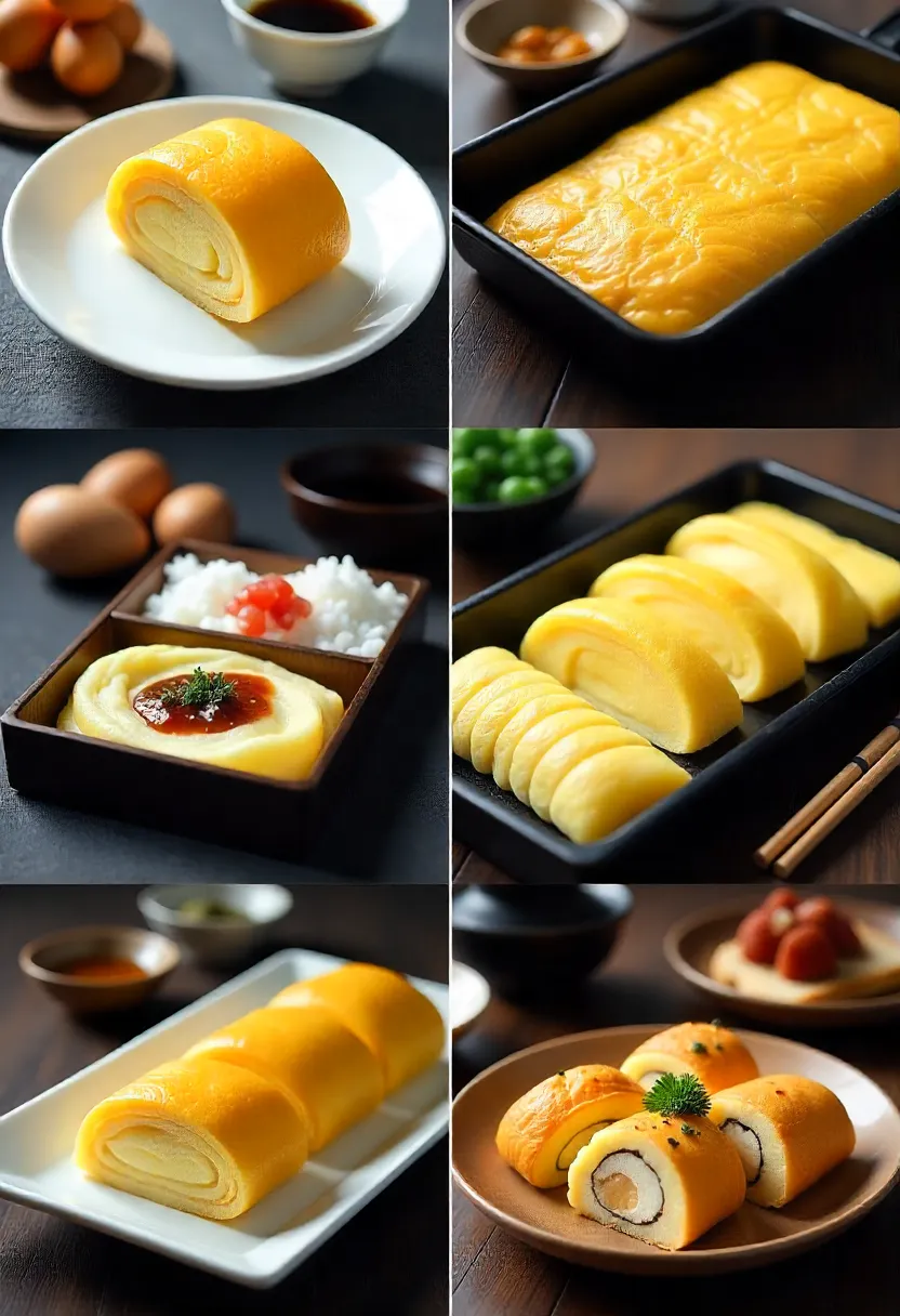 Collage of Tamagoyaki showing rolled omelet slices, cooking in a pan, and ingredients with bento box serving.