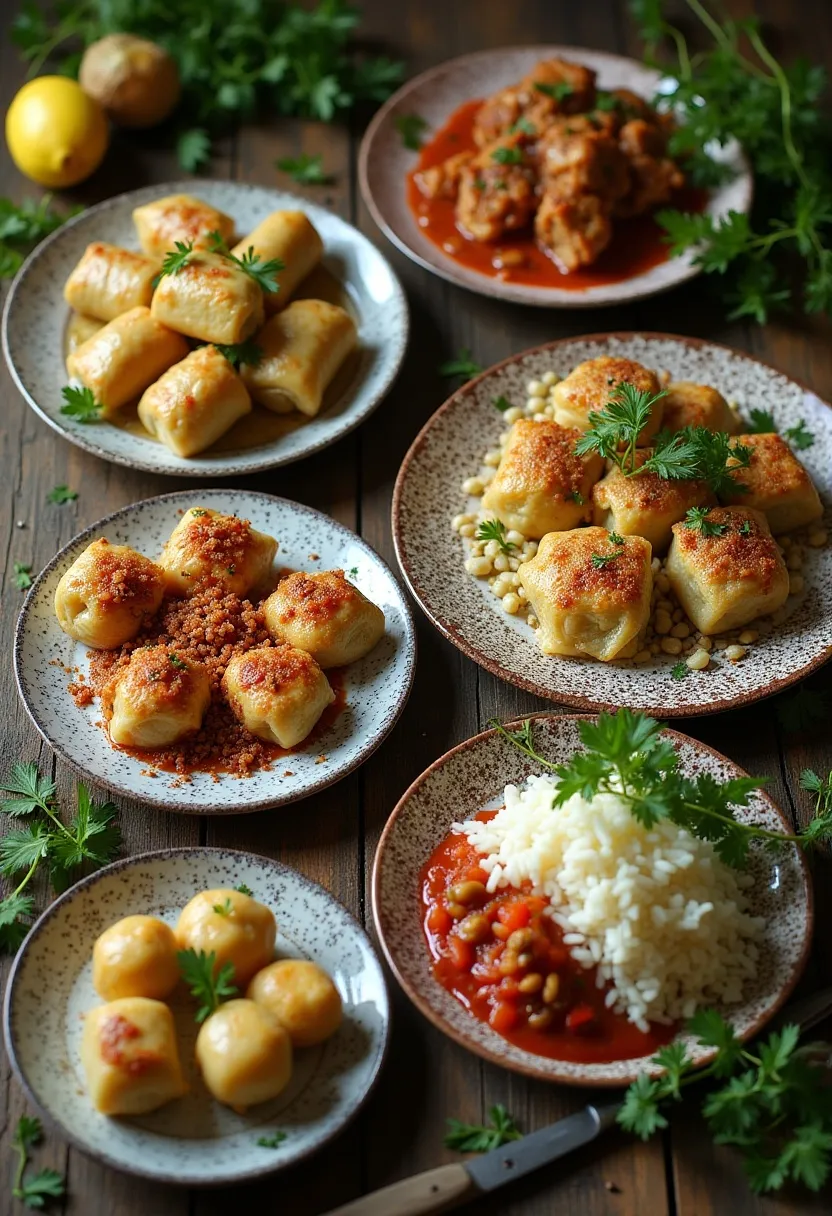 Variety of global cabbage rolls including Ukrainian, Polish, Hungarian, Turkish, and Greek versions on a rustic table.