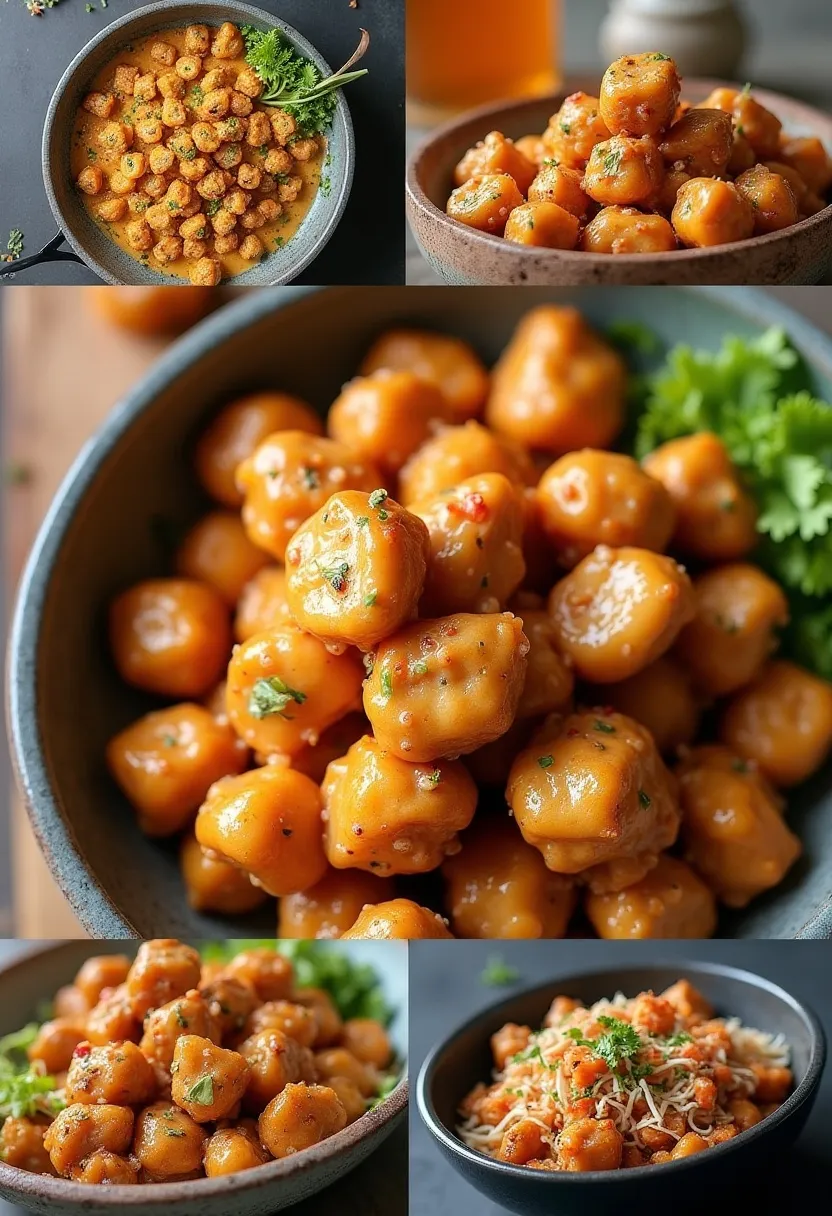 Collage of spicy creamy chicken pieces for a sushi bowl with rice and garnishes.