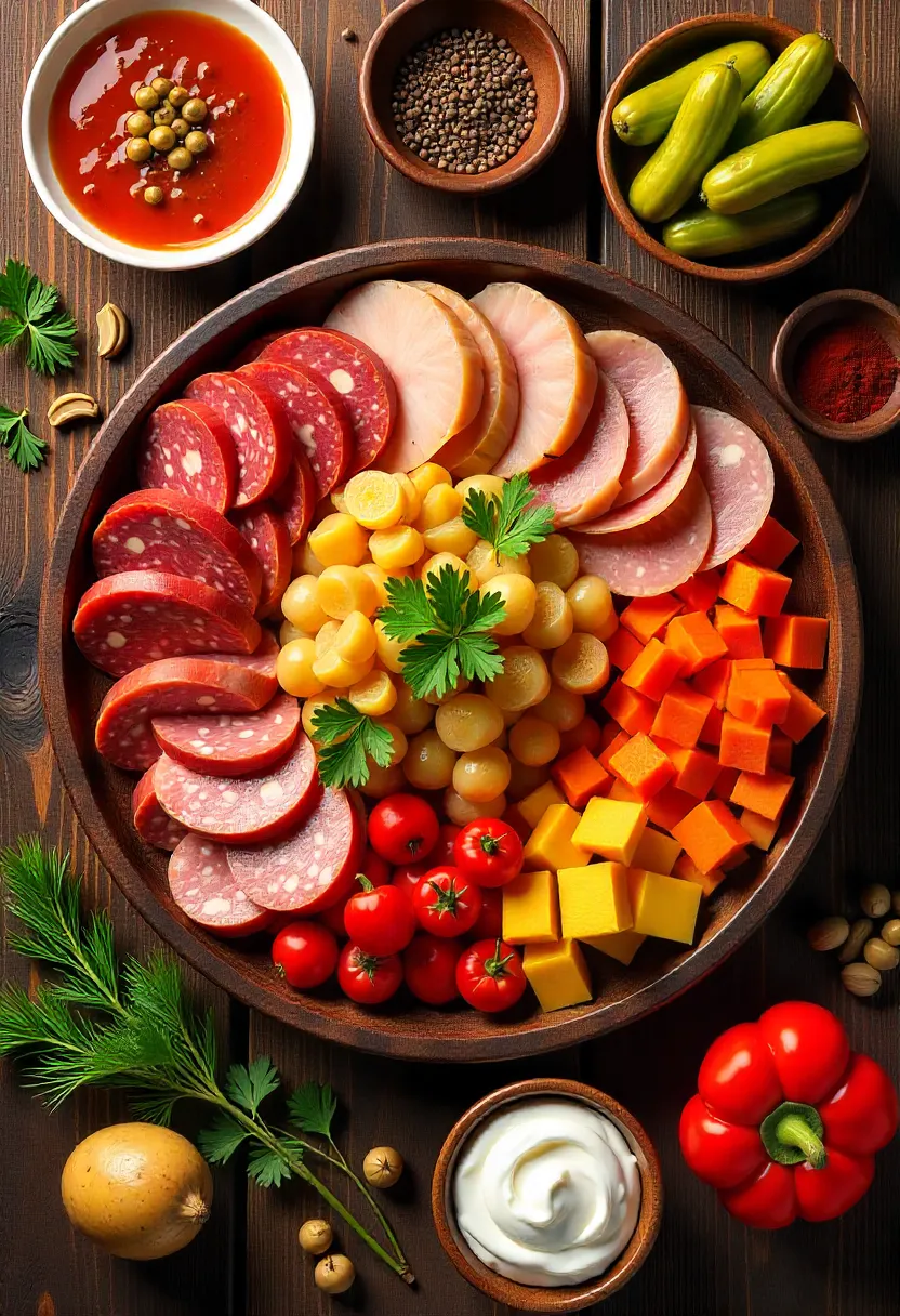 Collage of solyanka ingredients: meats, vegetables, pickles, olives, capers, spices, herbs, and sour cream on a rustic table.