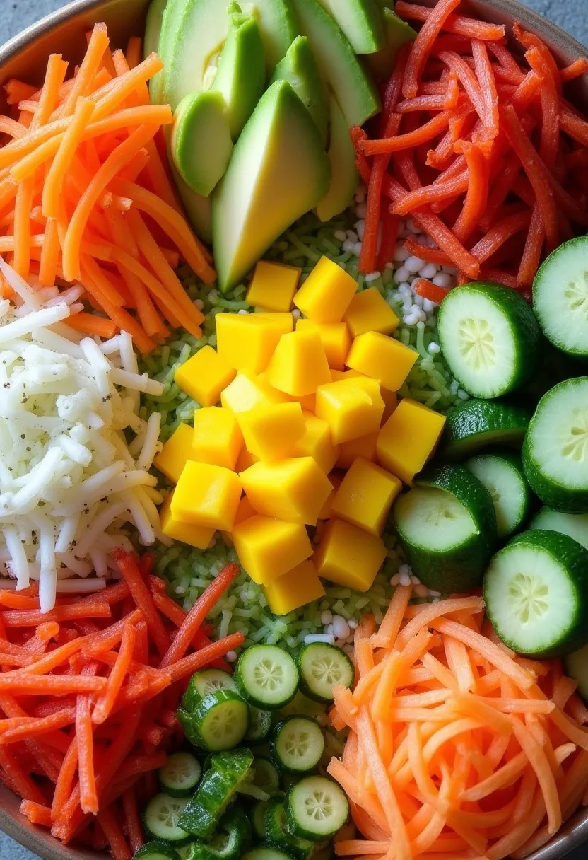 Colorful sushi bowl toppings including avocado, mango, cucumber, radish, carrots, ginger, and nori.