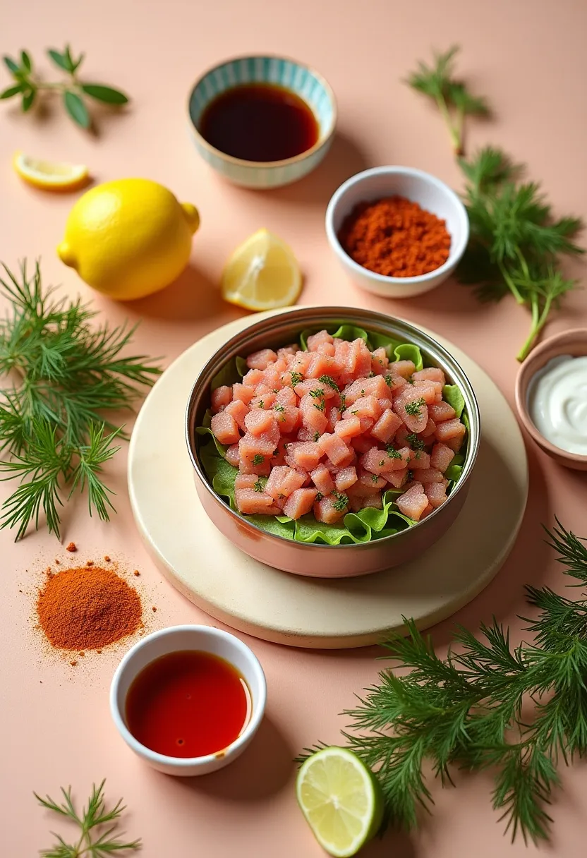 Collage of herbs, spices, citrus, and sauces for enhancing canned tuna with global flavors.