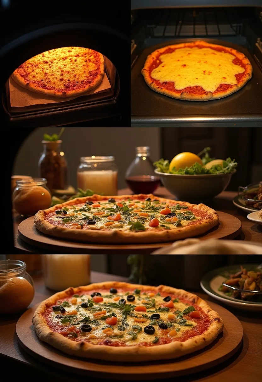 Collage showing pizza baking, golden crust, storing leftovers, and serving with salad, bread, and drinks.