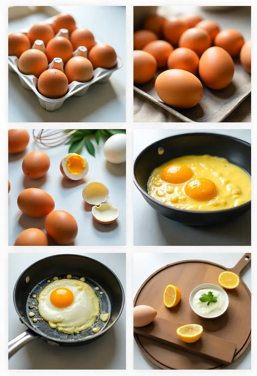 Collage showing egg cooking tips: fresh eggs, scrambled, poached, cream whisk, and proper storage.