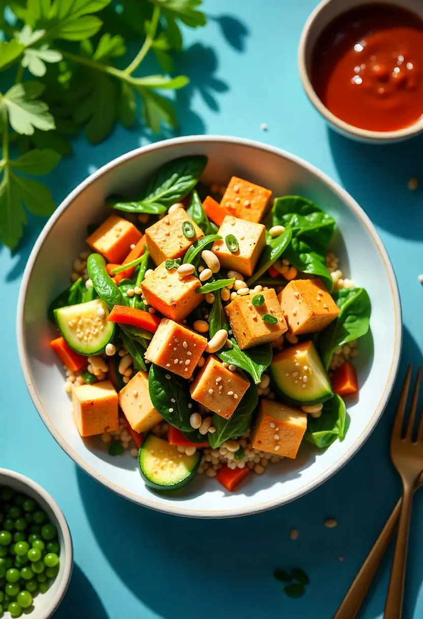 Tofu stir-fry with seasonal vegetables, sesame seeds, and served over rice or noodles.