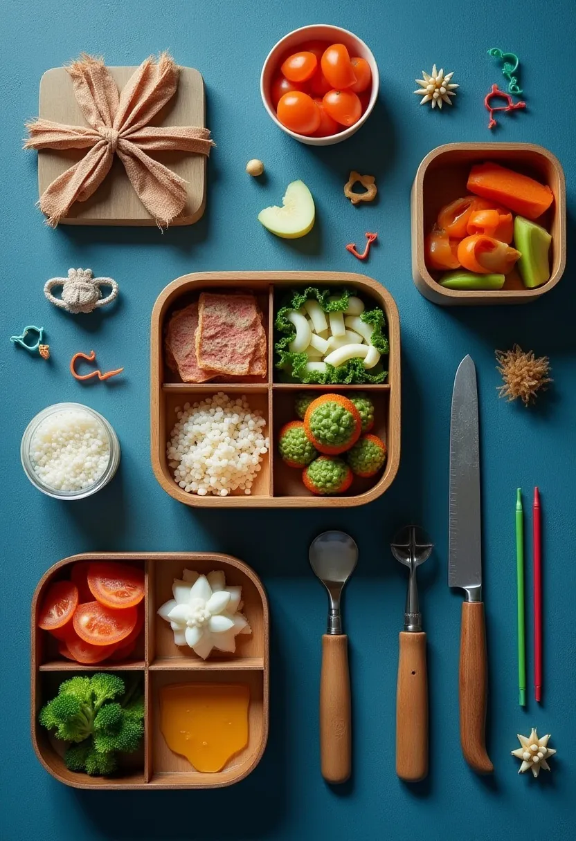 Bento-making tools and lunchboxes: rice molds, knives, cutters, tweezers, food picks, and wooden and modern boxes.