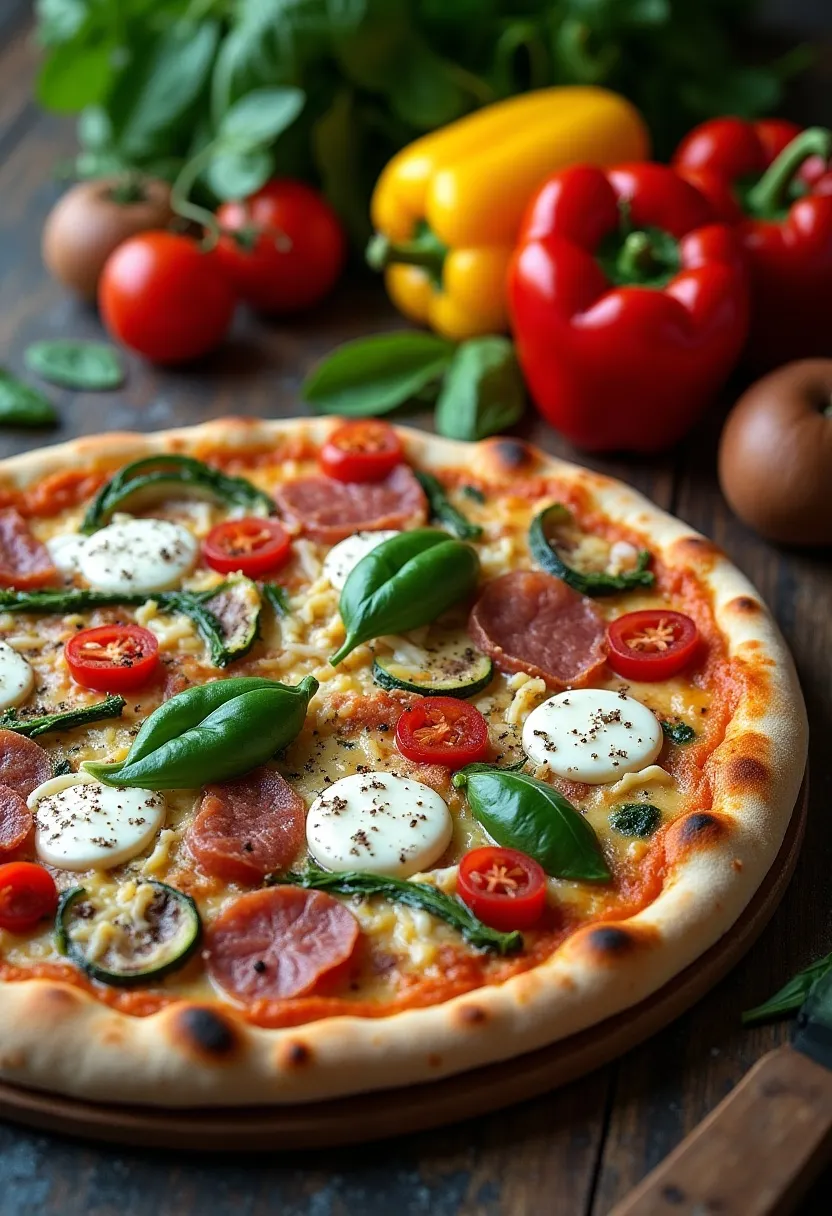 Colorful pizza toppings collage with vegetables, meats, cheeses, and herbs on a rustic kitchen surface.