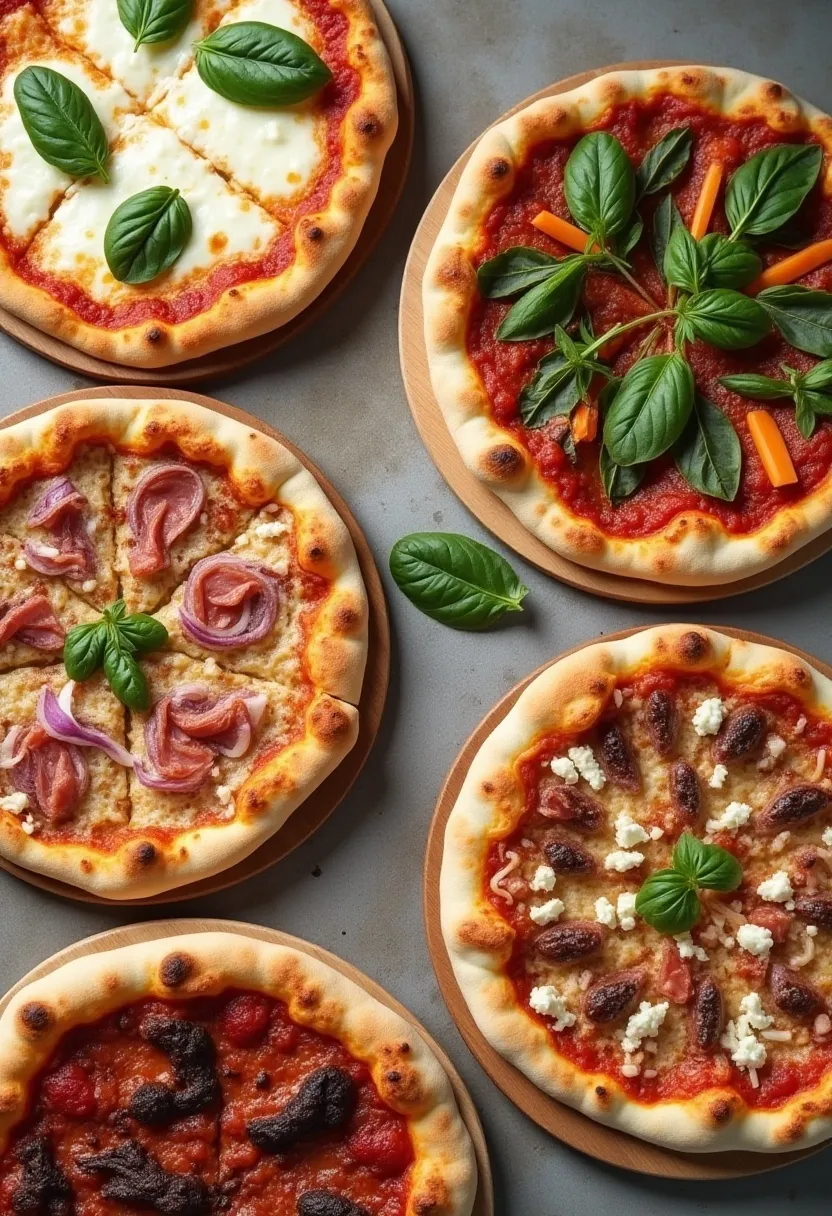Collage of homemade pizzas: Margherita, Pepperoni, Garden Delight, BBQ Chicken, and Sweet & Savory Gourmet.