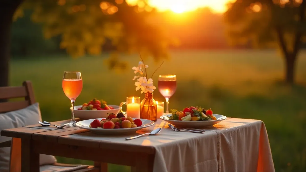 Outdoor dinner at sunset with colorful dishes and glowing candles.