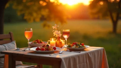 Outdoor dinner at sunset with colorful dishes and glowing candles.
