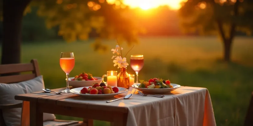 Outdoor dinner at sunset with colorful dishes and glowing candles.